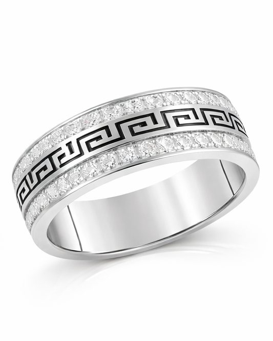 Men’s 14K Gold Greek Key Diamond Wedding Band Double Row 1.00 CTTW